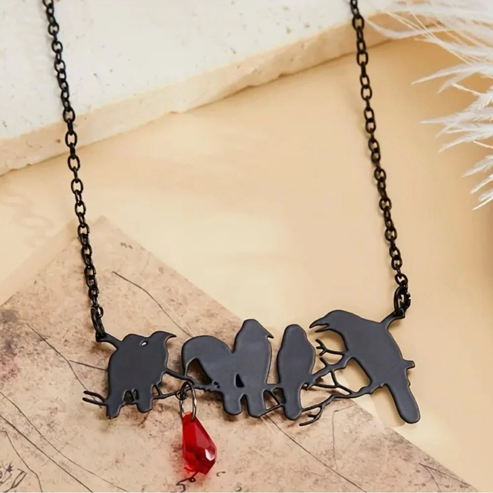 “Raven” Edgar Poe Perched Crows Birds Blood Droplet Macabre Gothic Grim Necklace - Picture 4 of 16